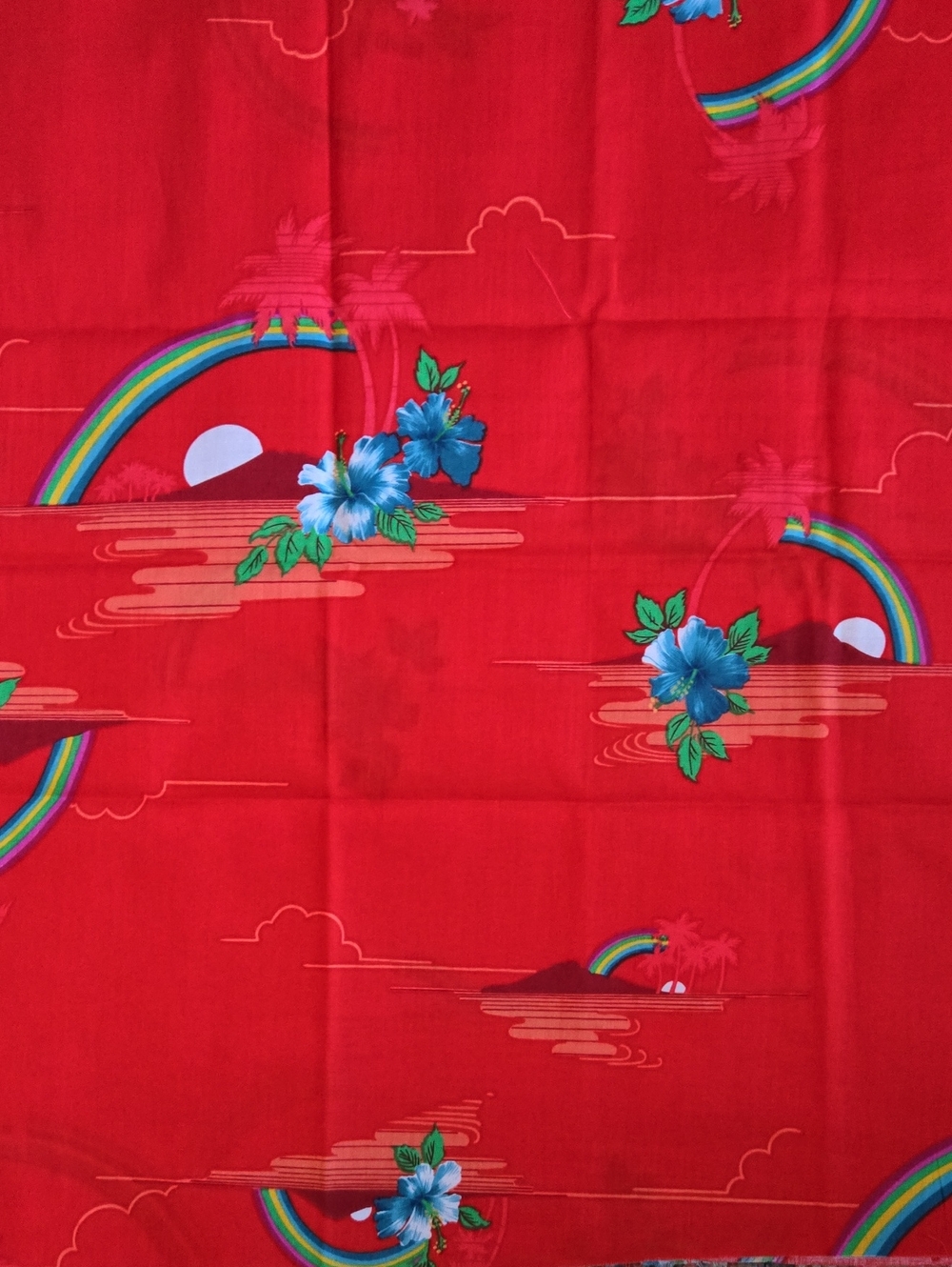 Vntg Red Hawaiian Floral Rainbow Fabric 1 Yd X 44" (D/# DEX 16)